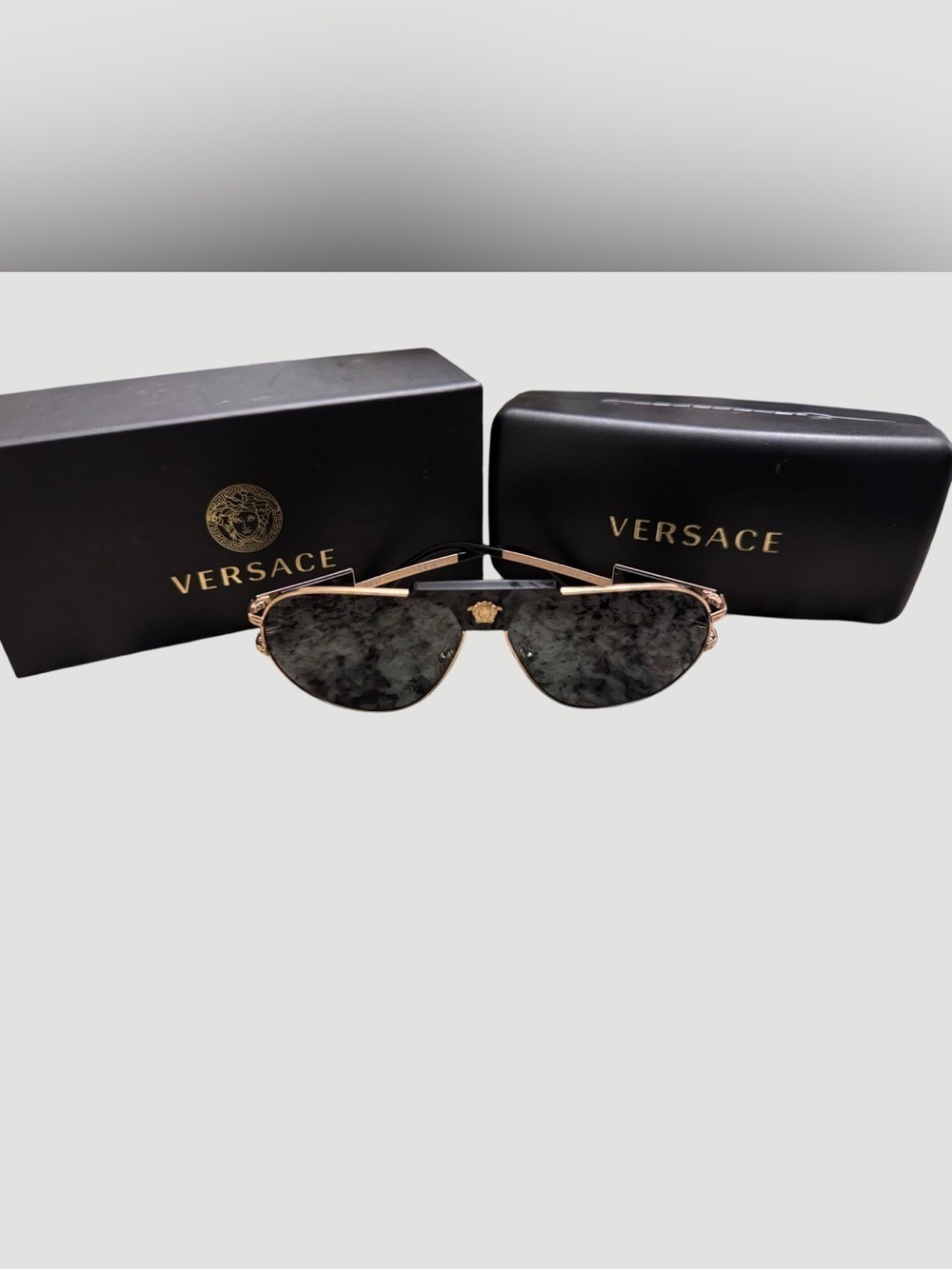 Versace Rose Gold Frame Black Marble Lens Aviator Sunglasses w COA in box